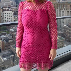 VENUS Vibrant Fuchsia Long Sleeve Crochet Mino Dress, Size 14